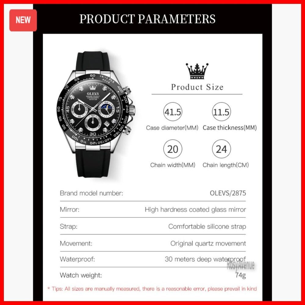 Men's Diamond Chronograph Watch, Moon Phase, Waterproof, Silicone Strap View 6